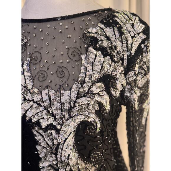 Vintage Silk Laurence Kazar Silk Art Deco Goddess Energy Beaded Party Dress - Picture 3 of 16